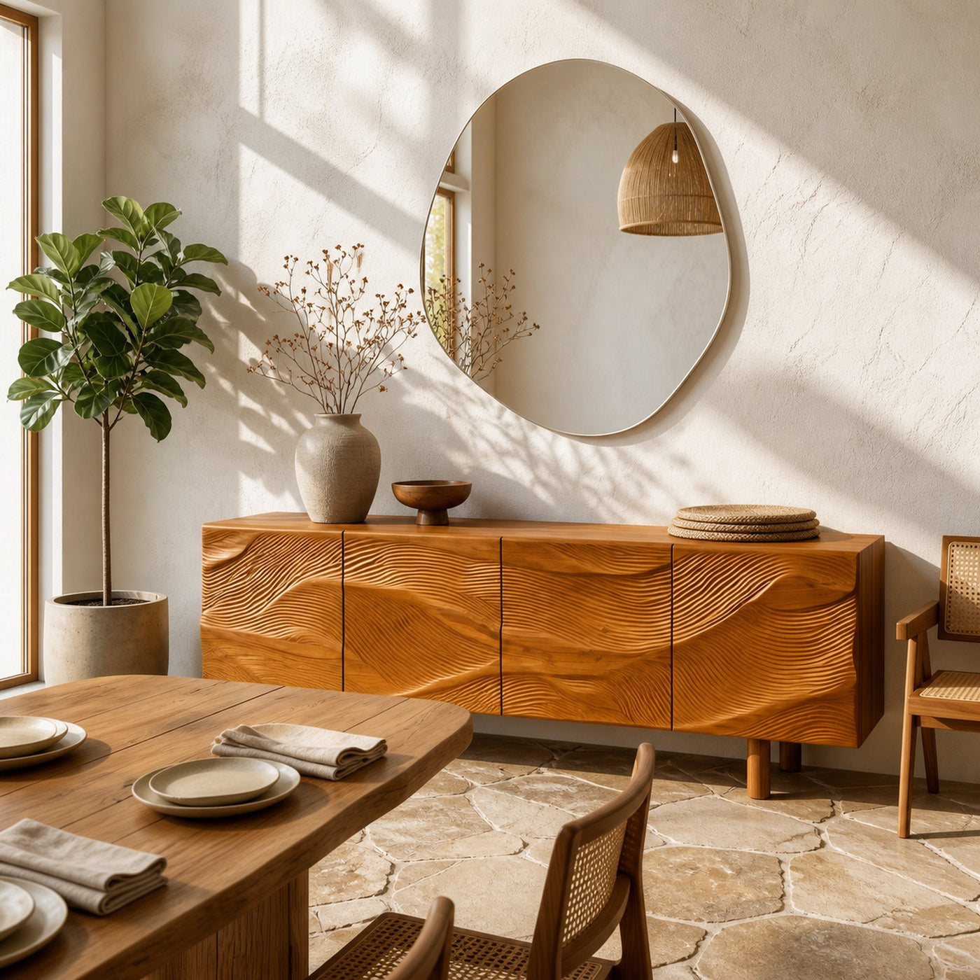 Modern Sideboard With Sunburst Carved Wood Doors For Living Room - product view 6