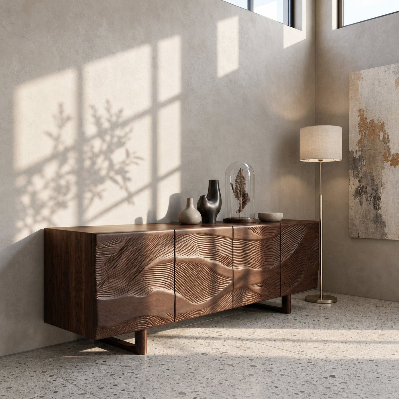 Modern Sideboard With Sunburst Carved Wood Doors For Living Room - product view 7