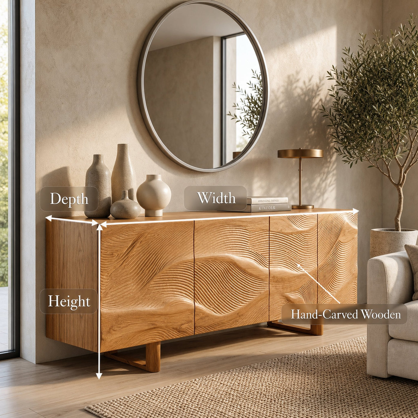 Modern Sideboard With Sunburst Carved Wood Doors For Living Room - product view 8