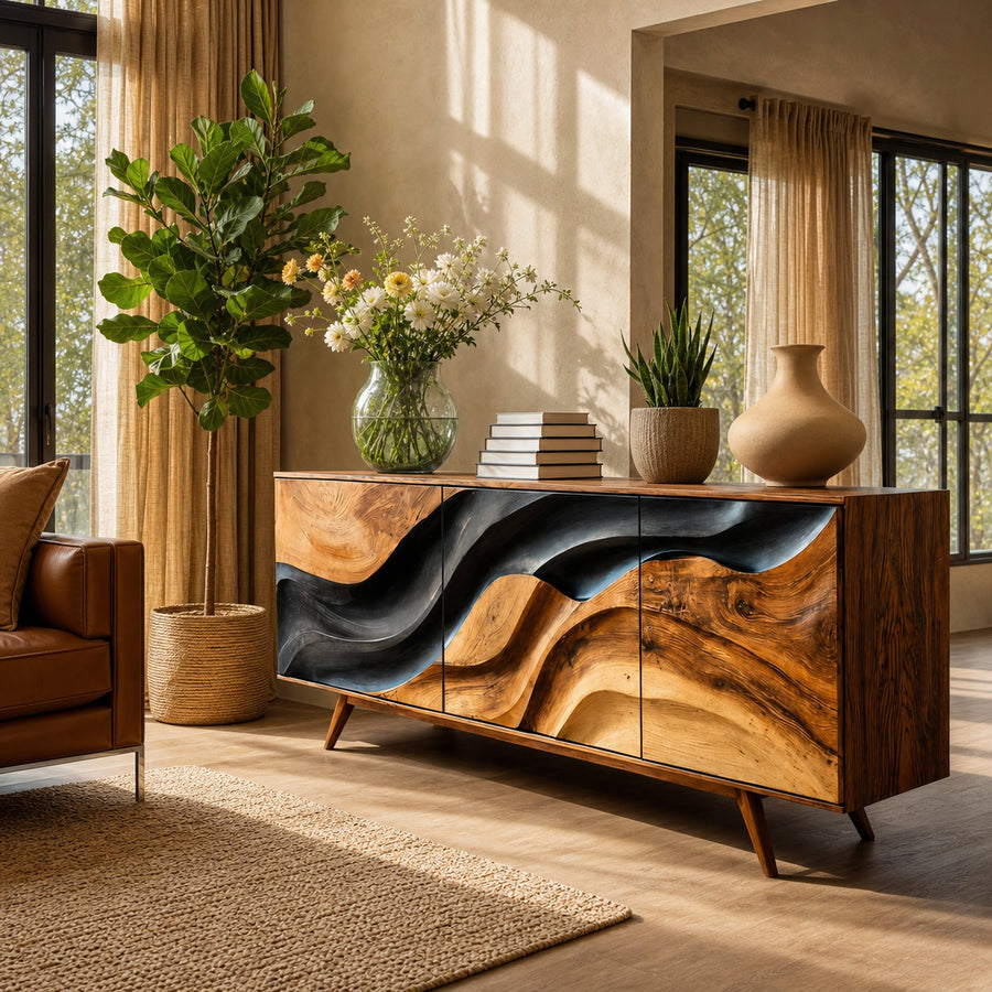 Modern Storage Cabinet With Wave Design For Entryway