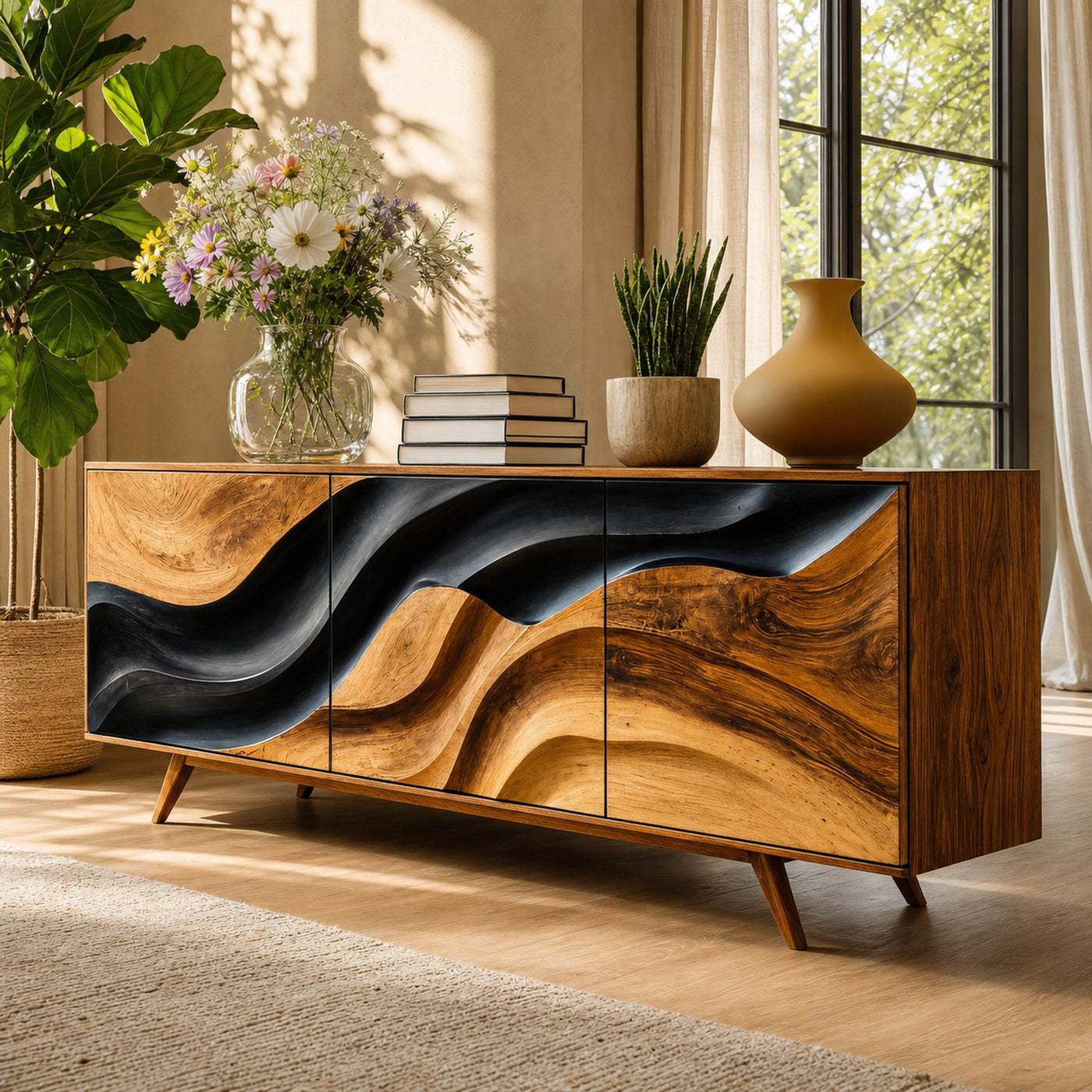 Modern Storage Cabinet With Wave Design For Entryway - product view 2