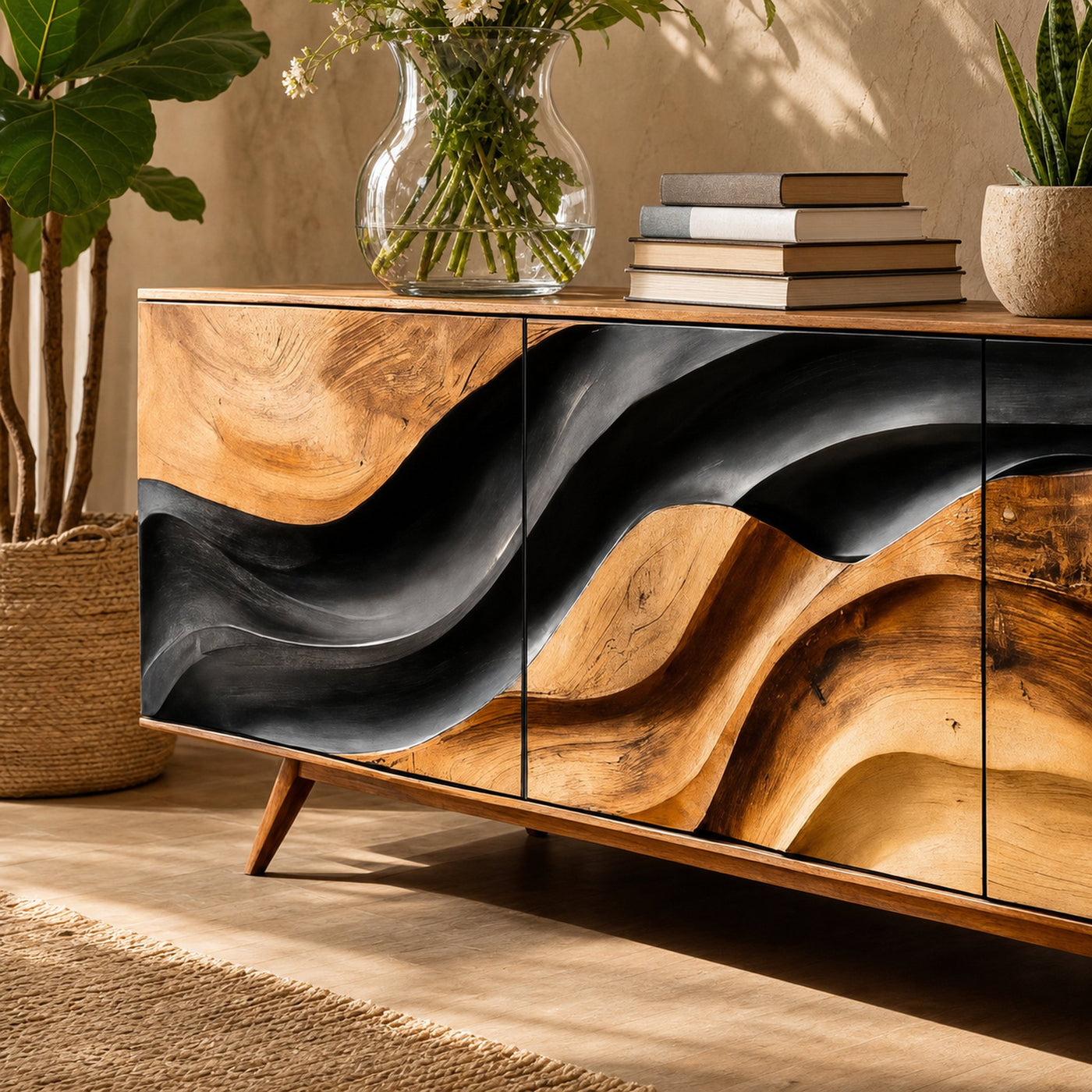 Modern Storage Cabinet With Wave Design For Entryway - product view 3