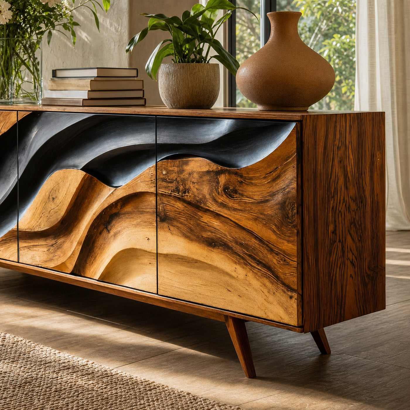 Modern Storage Cabinet With Wave Design For Entryway - product view 4