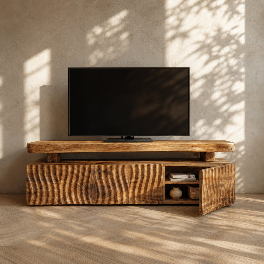 Modern TV Cabinet Solid Wood Unique Wave Pattern Storage For Living Room