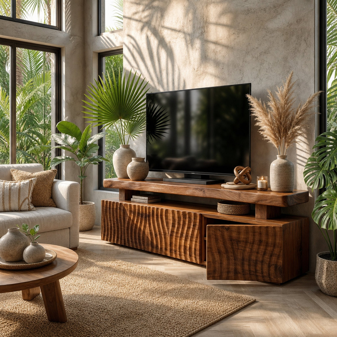 Modern TV Cabinet Solid Wood Unique Wave Pattern Storage For Living Room - product view 6
