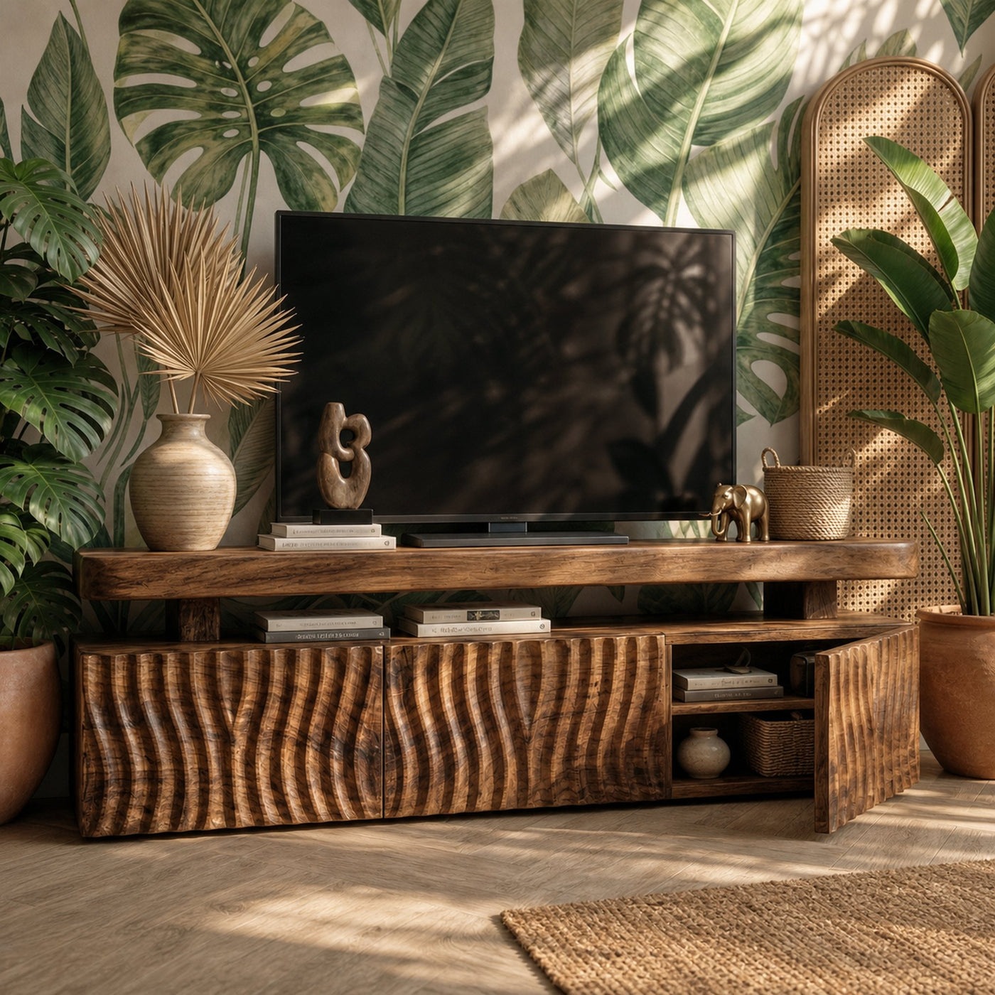 Modern TV Cabinet Solid Wood Unique Wave Pattern Storage For Living Room - product view 7