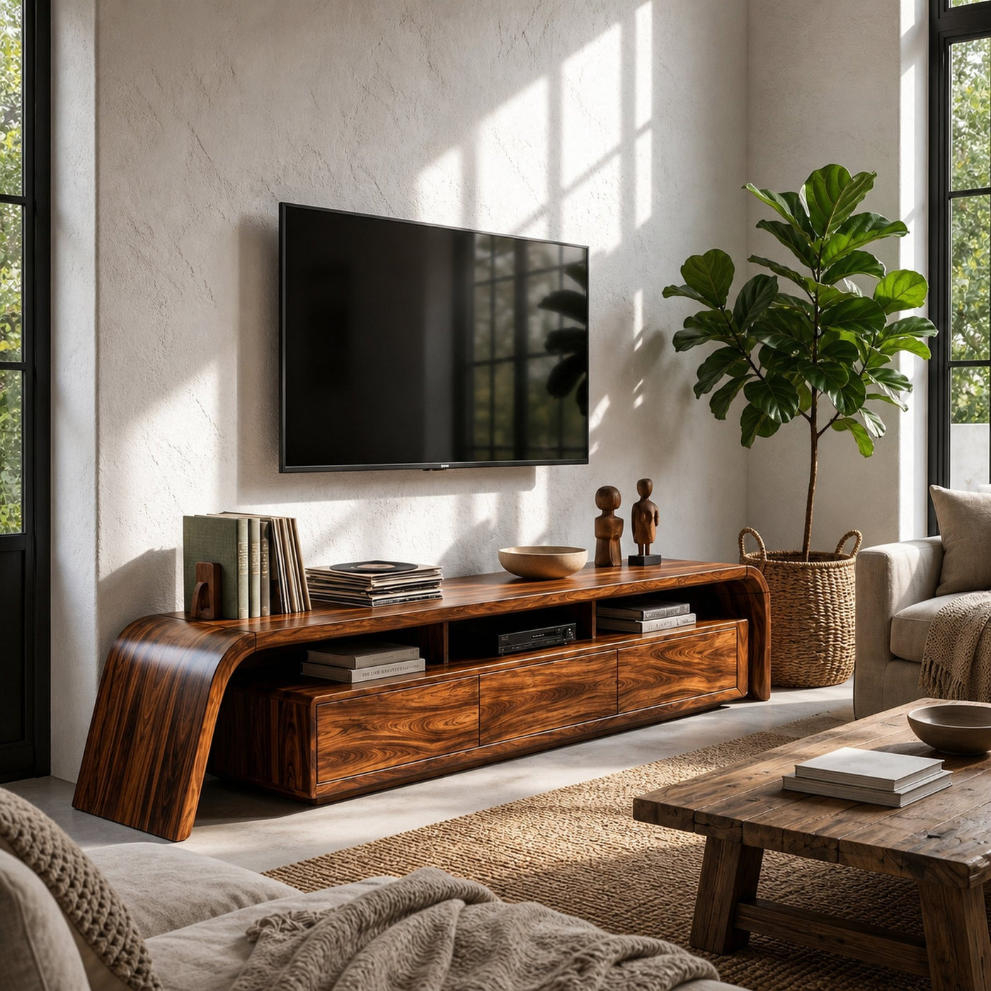 Modern TV Cabinet With Built In Storage And Rounded Curved Edges For Living Room
