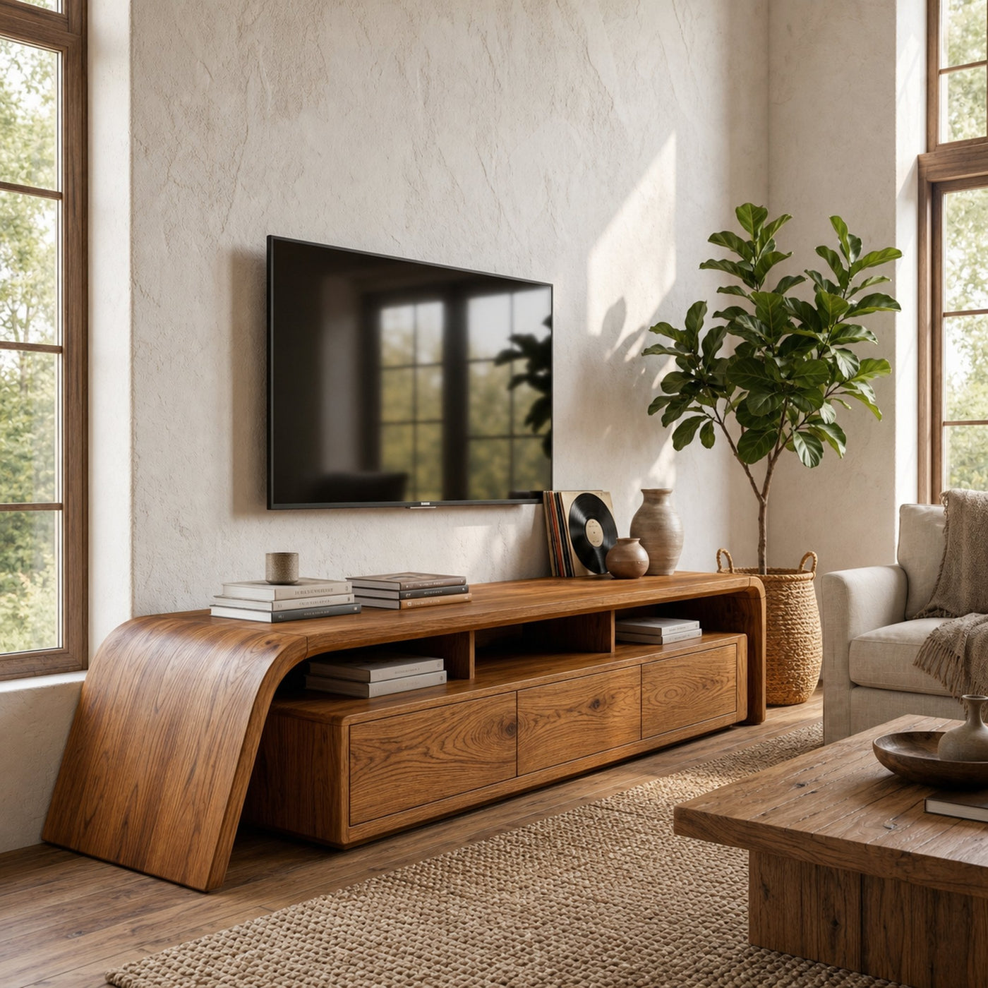 Modern TV Cabinet With Built In Storage And Rounded Curved Edges For Living Room - product view 6
