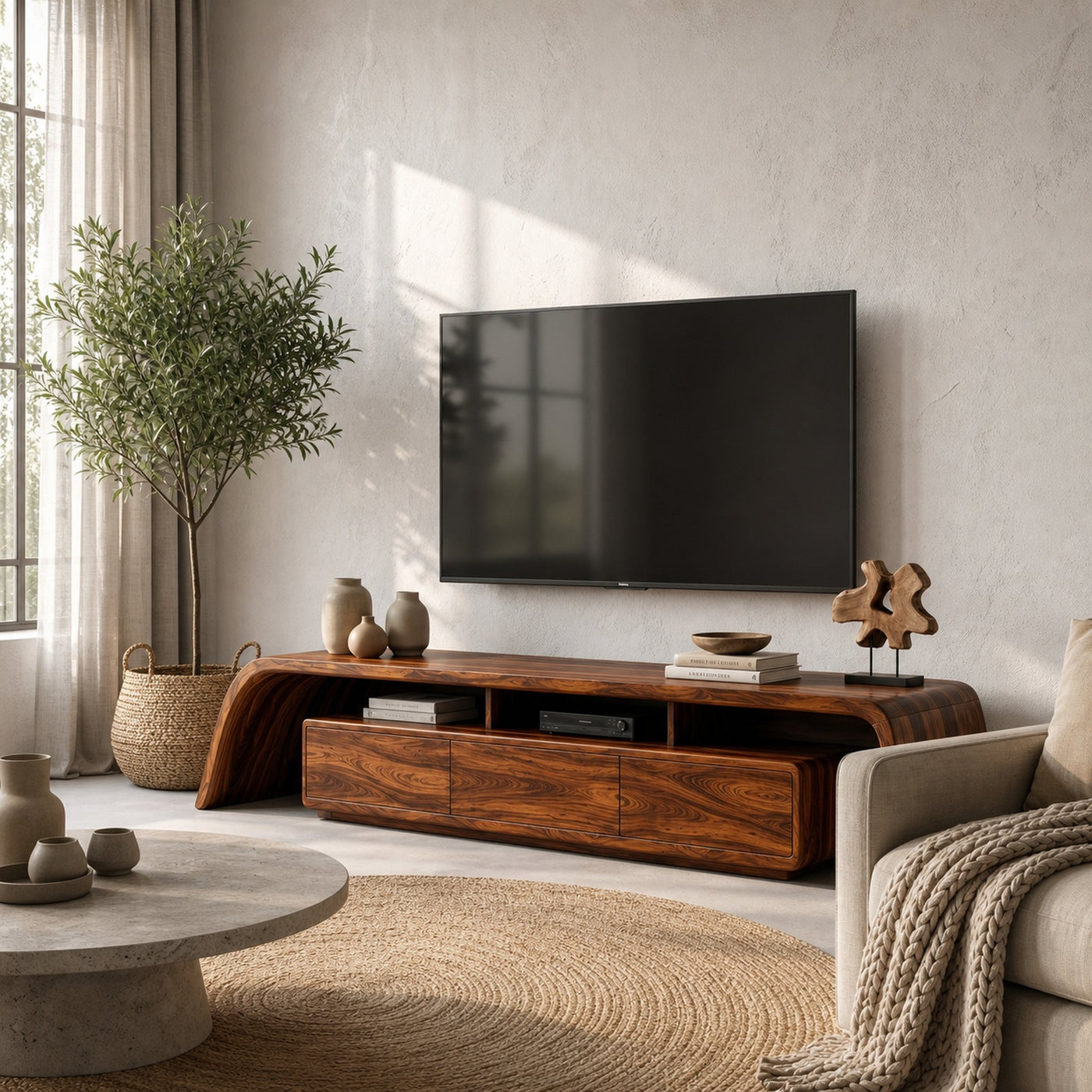 Modern TV Cabinet With Built In Storage And Rounded Curved Edges For Living Room - product view 7