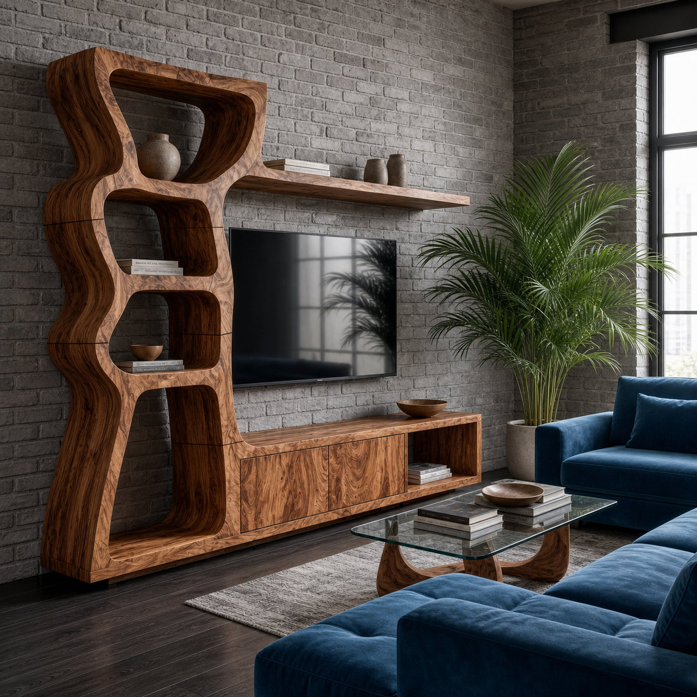 Modern TV Cabinet With Curved Built In Display Shelves For Living Room