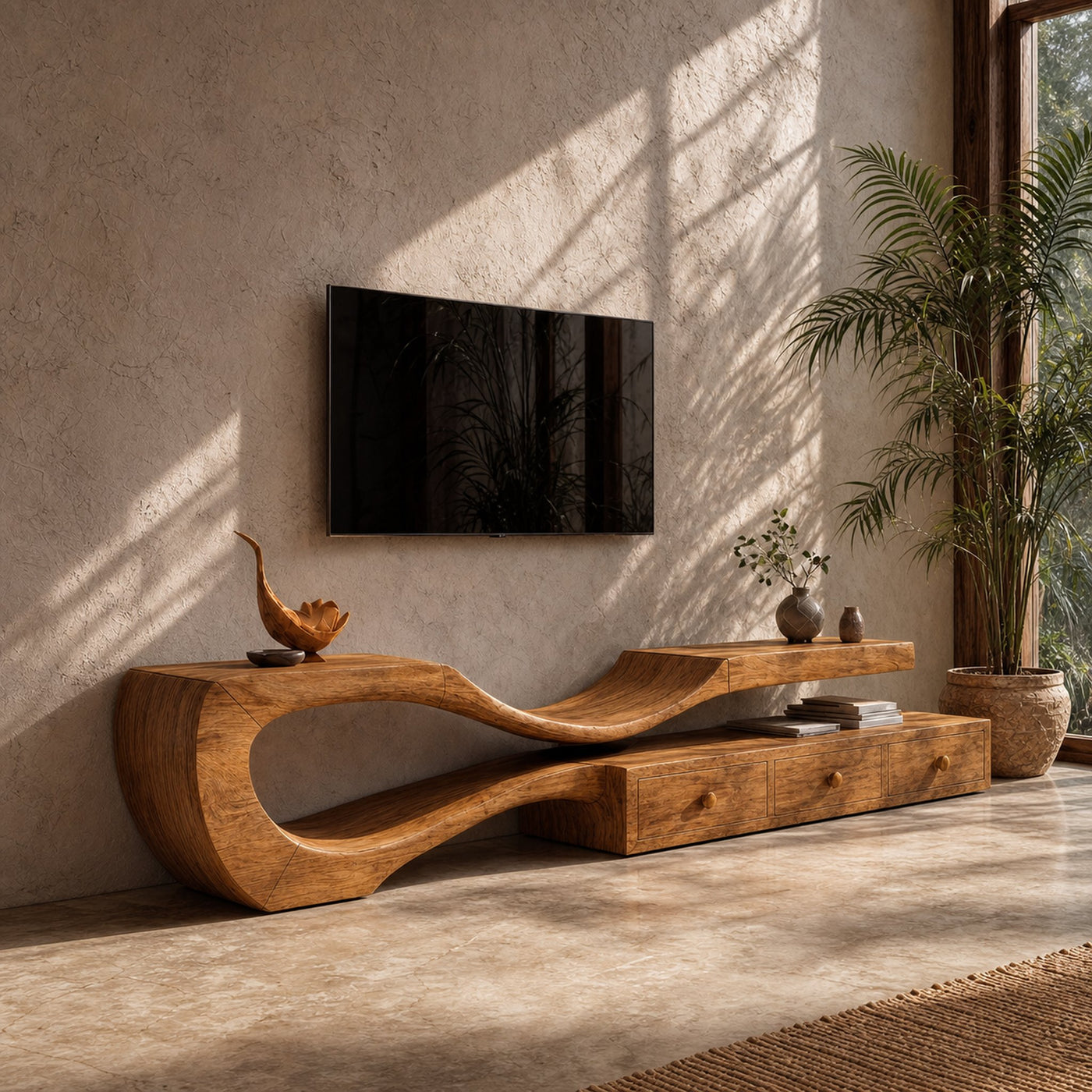 Modern TV Cabinet With Sculptural Curved Wood Base And Built In Storage Drawers For Living Room