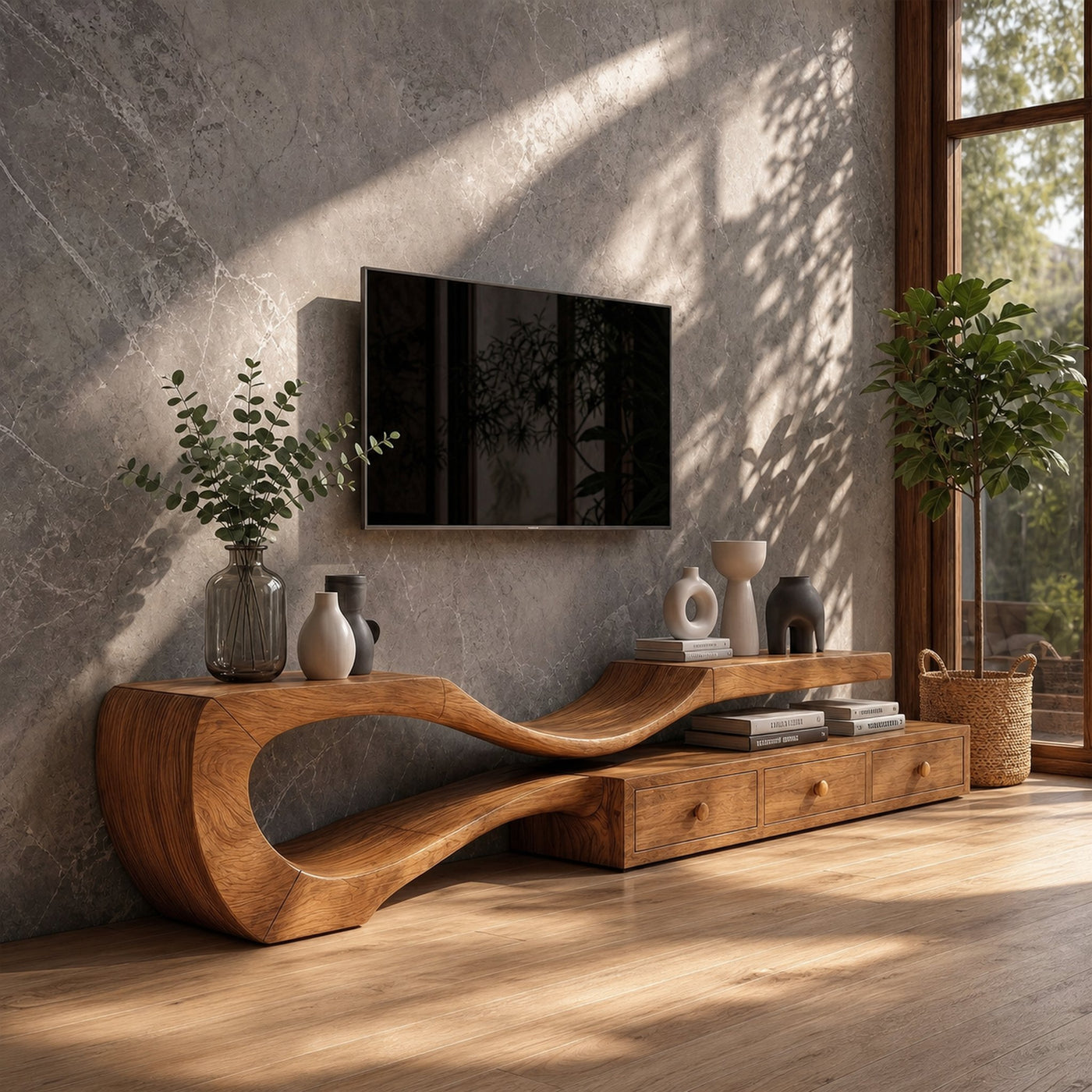 Modern TV Cabinet With Sculptural Curved Wood Base And Built In Storage Drawers For Living Room - product view 6