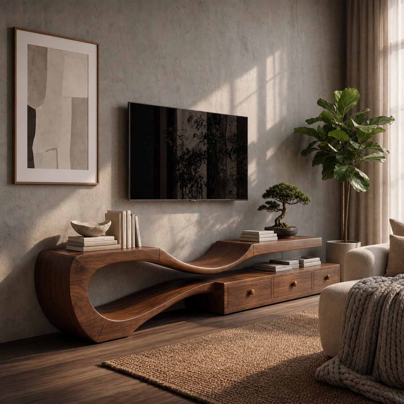 Modern TV Cabinet With Sculptural Curved Wood Base And Built In Storage Drawers For Living Room - product view 7
