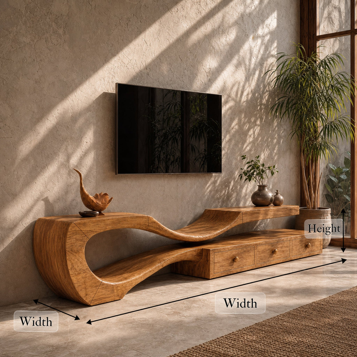 Modern TV Cabinet With Sculptural Curved Wood Base And Built In Storage Drawers For Living Room - product view 8