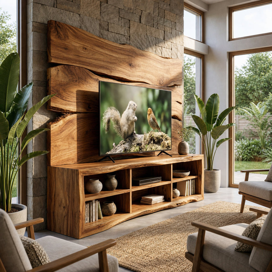 Modern TV Cabinet With Wood Wall Panel Living Room