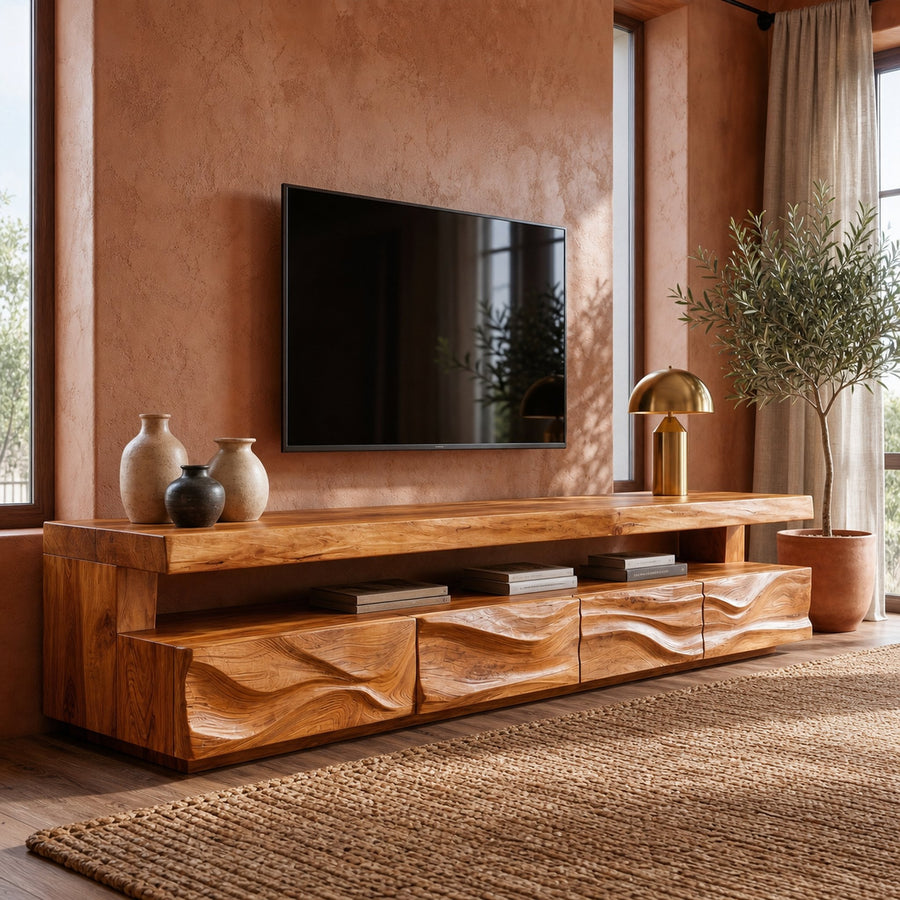 Modern TV Stand With Hand Carved Solid Wood Front And Media Storage For Living Room