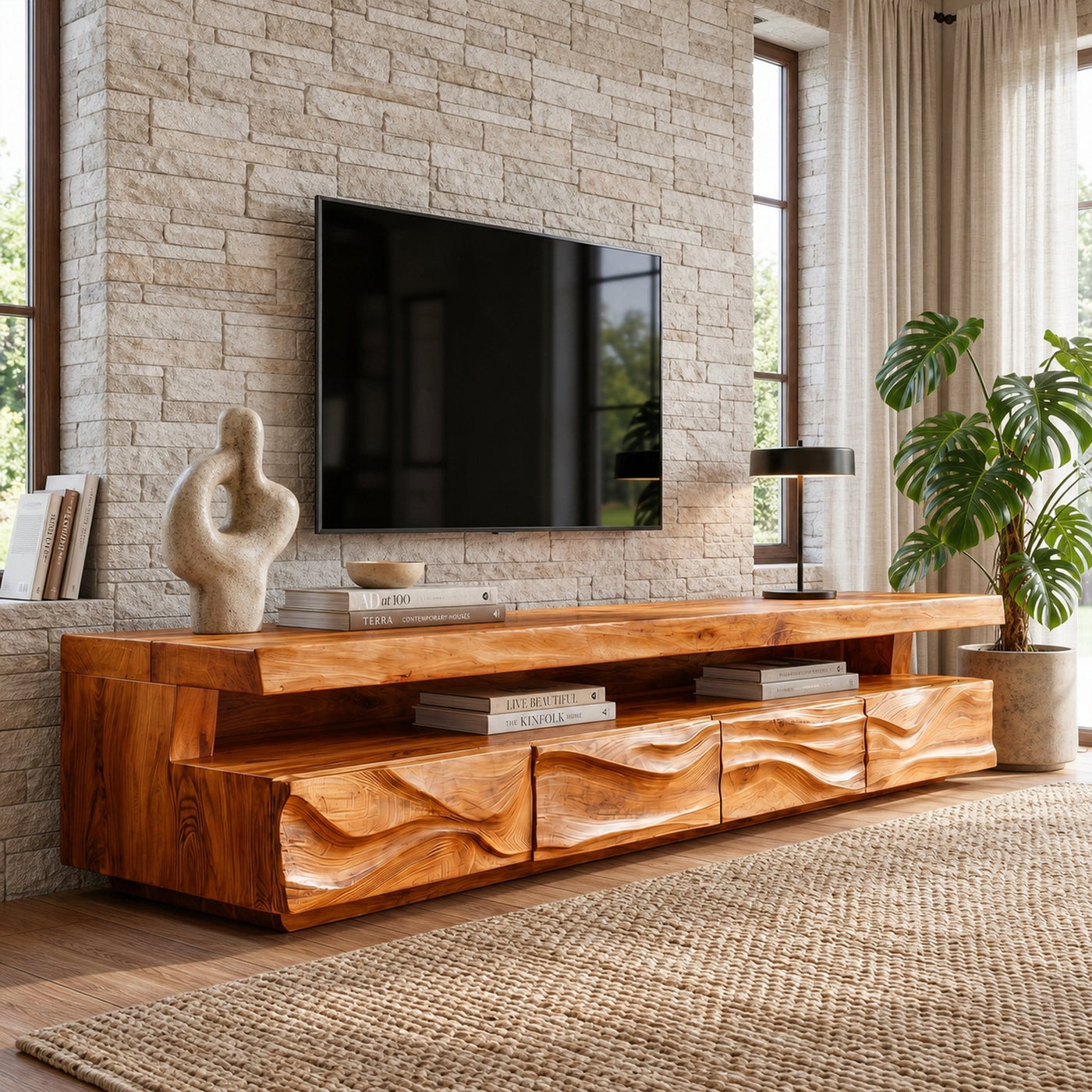 Modern TV Stand With Hand Carved Solid Wood Front And Media Storage For Living Room - product view 6