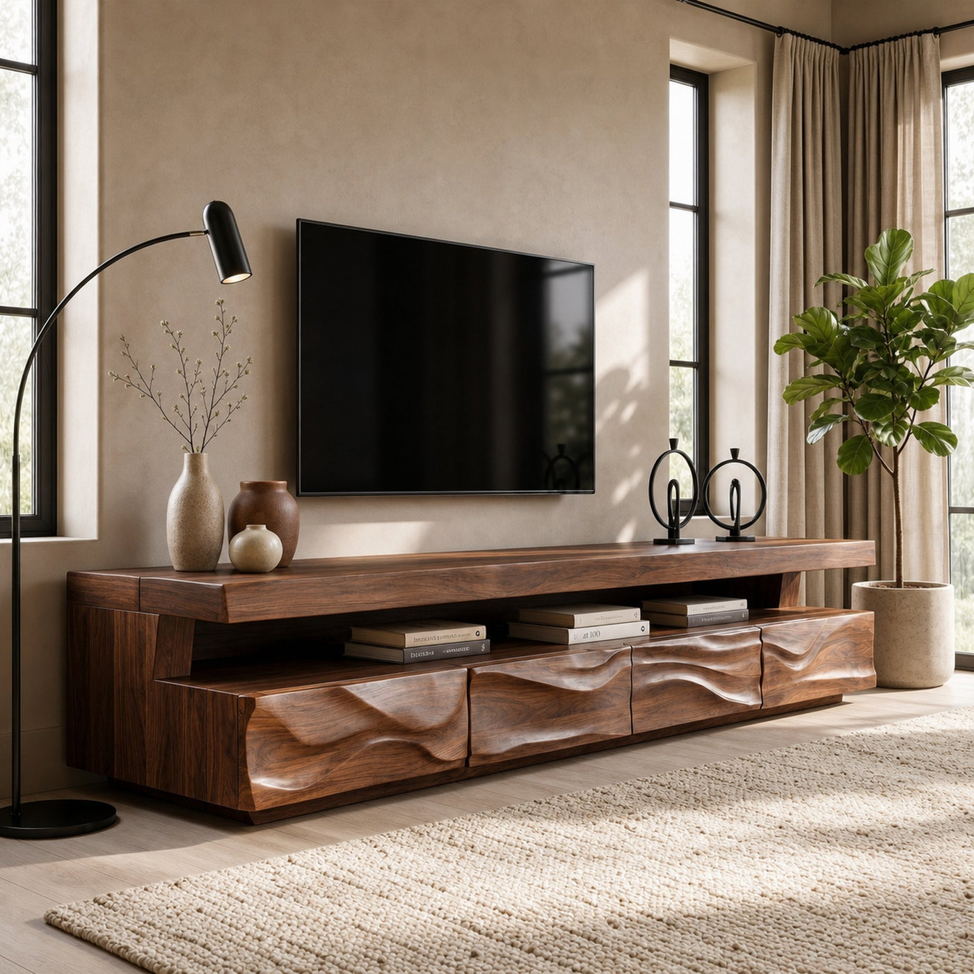 Modern TV Stand With Hand Carved Solid Wood Front And Media Storage For Living Room - product view 7