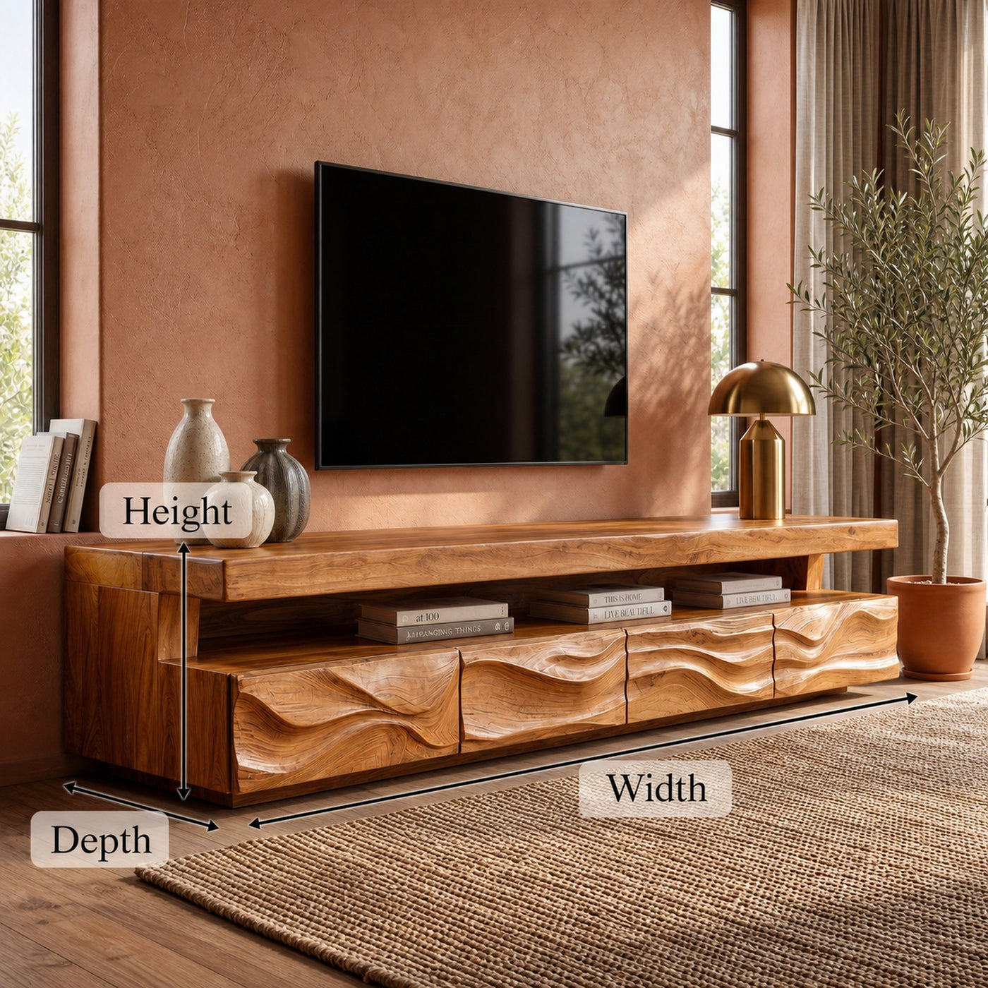 Modern TV Stand With Hand Carved Solid Wood Front And Media Storage For Living Room - product view 8