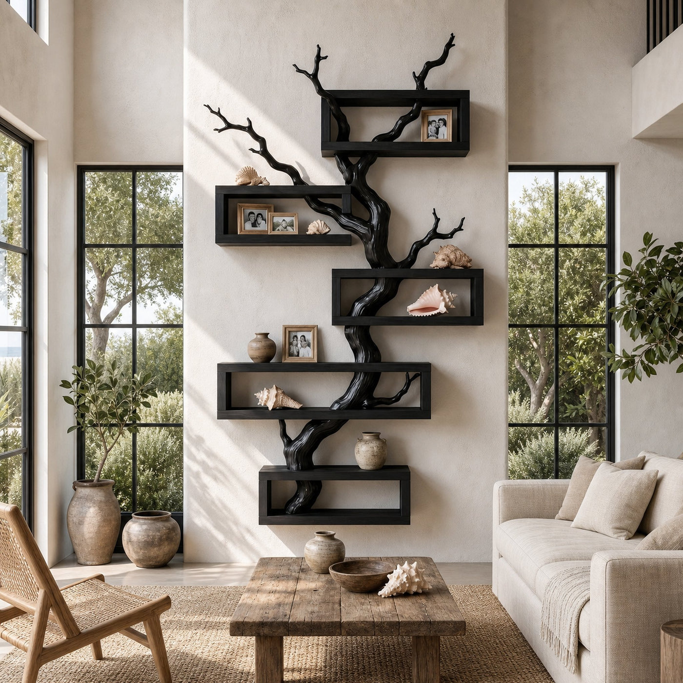 Modern Tree Branch Display Shelf With Floating Shelves For Home