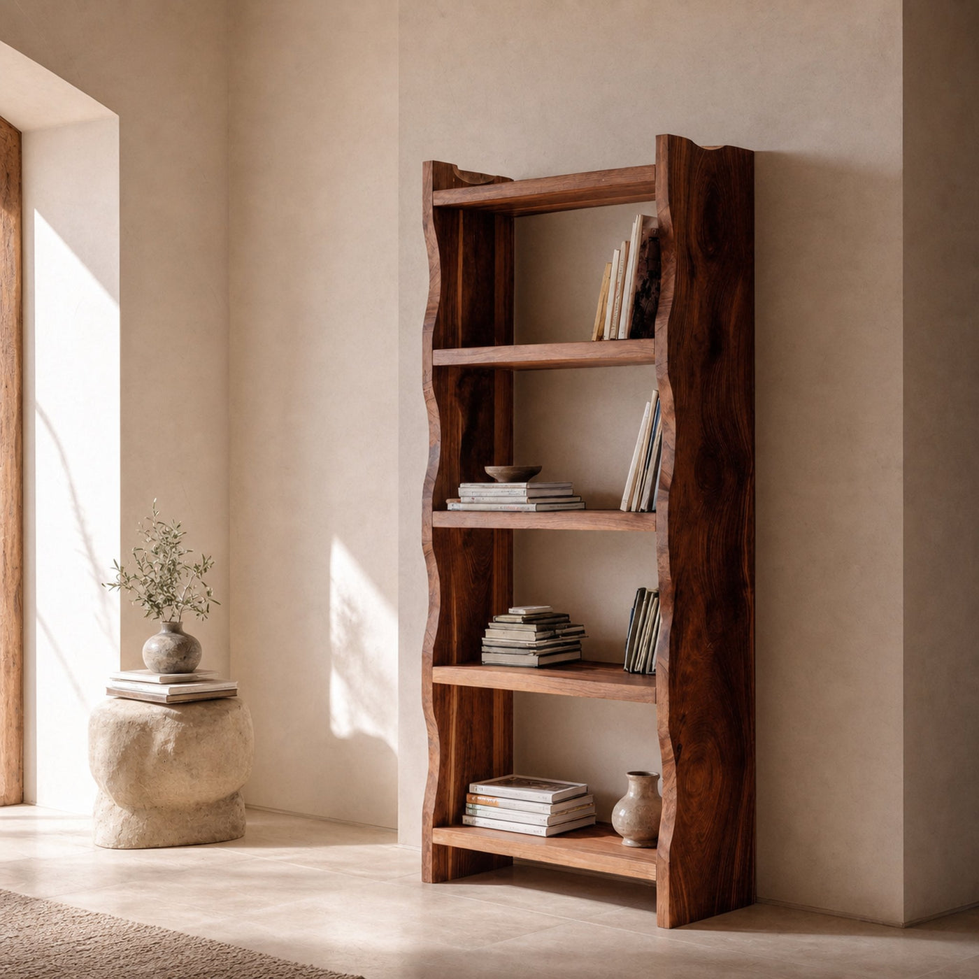 Modern Vertical Bookshelf With Natural Grain Design For Living