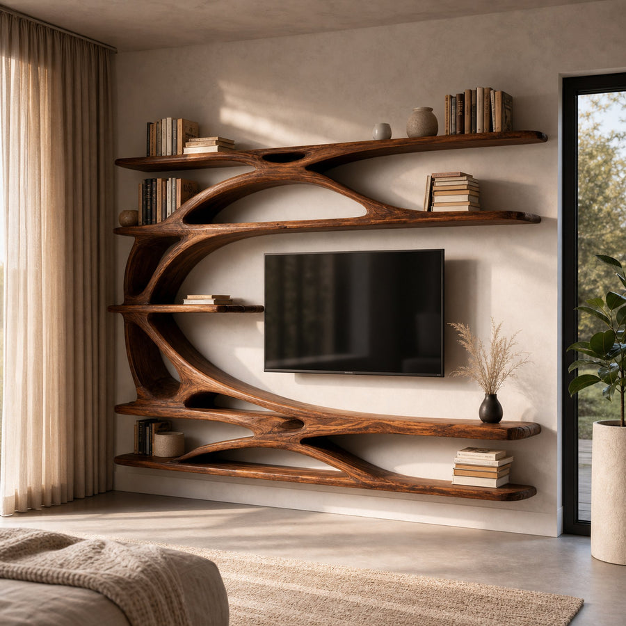 Modern Wall Mounted TV Stand With Bookshelf For Living Room