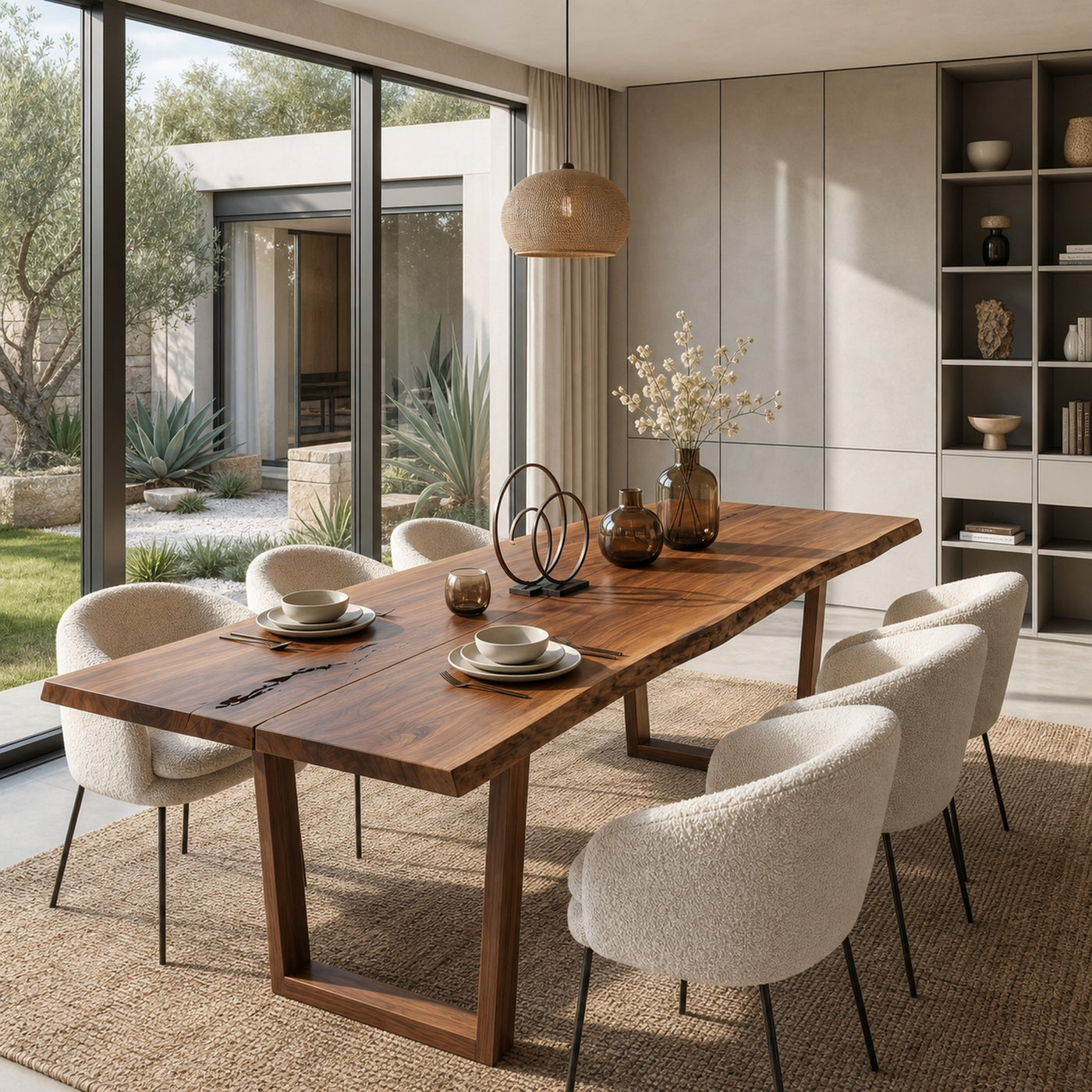 Modern Walnut Dining Table With Minimalist U Shape Base For Dining Room