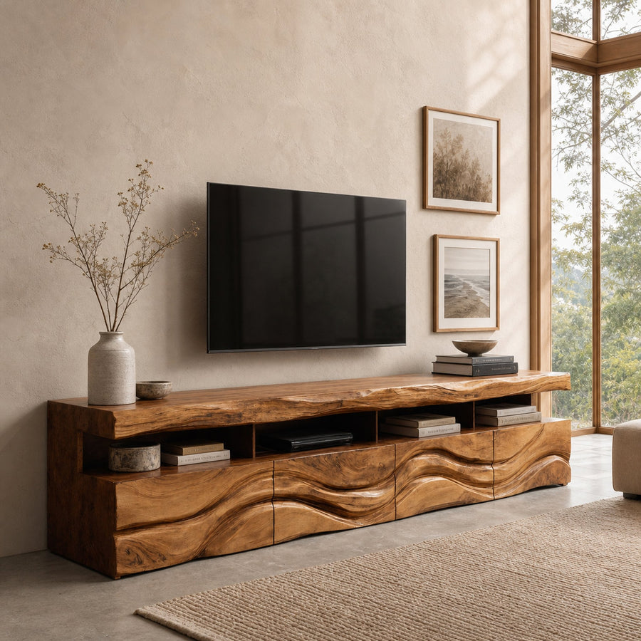 Modern Wave Carved Wood TV Stand For Living Room