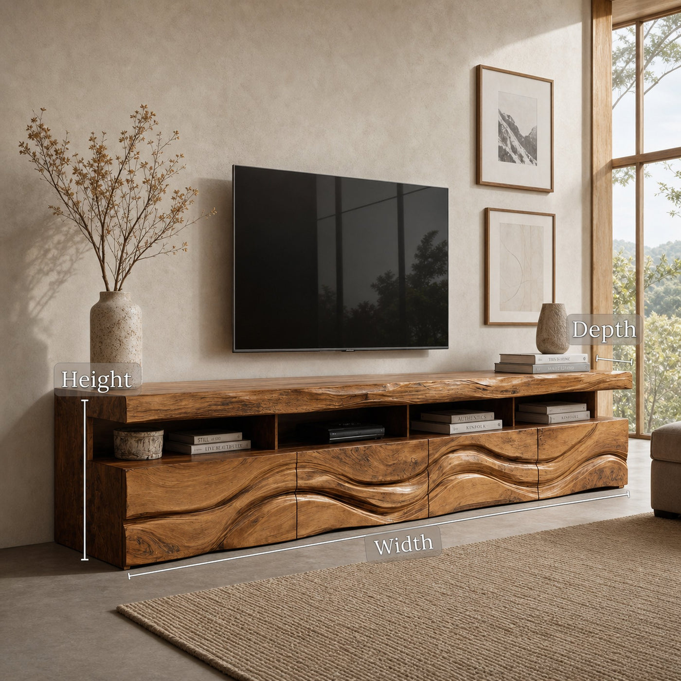 Modern Wave Carved Wood TV Stand For Living Room - product view 6