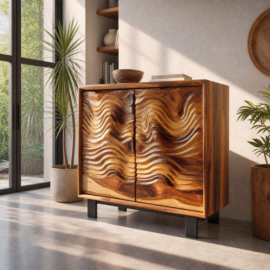 Modern Wavy Front Wooden Cabinet Artistic Sideboard For Entryway Or Living Room