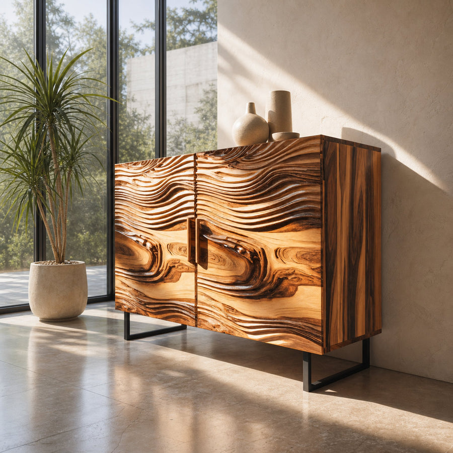 Modern Wavy Wood Sideboard Sculptural Cabinet For Entryway Or Living Room