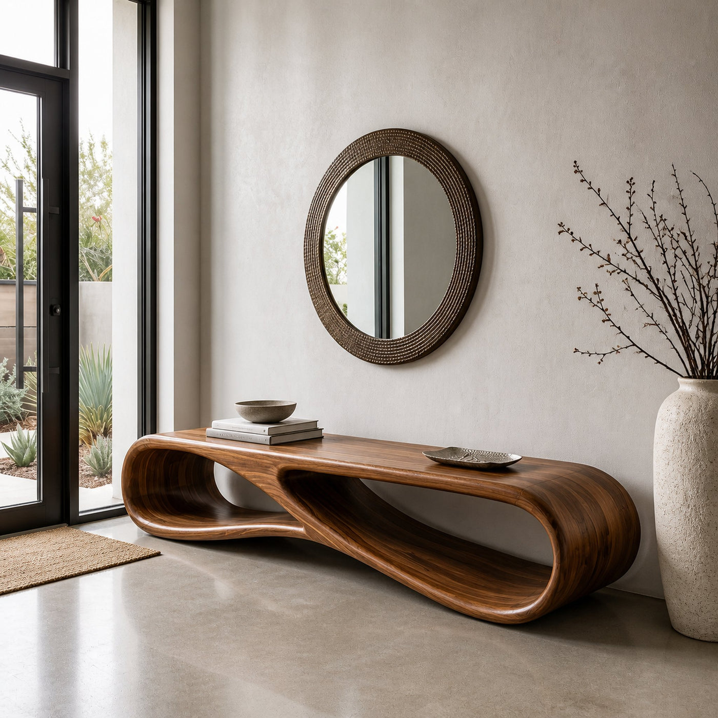 Modern Wood Bench With Sculptural Form For Entryway