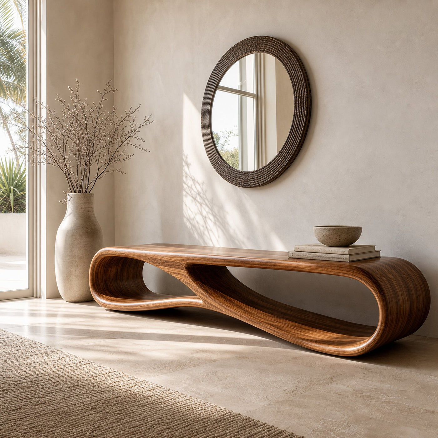 Modern Wood Bench With Sculptural Form For Entryway - product view 6