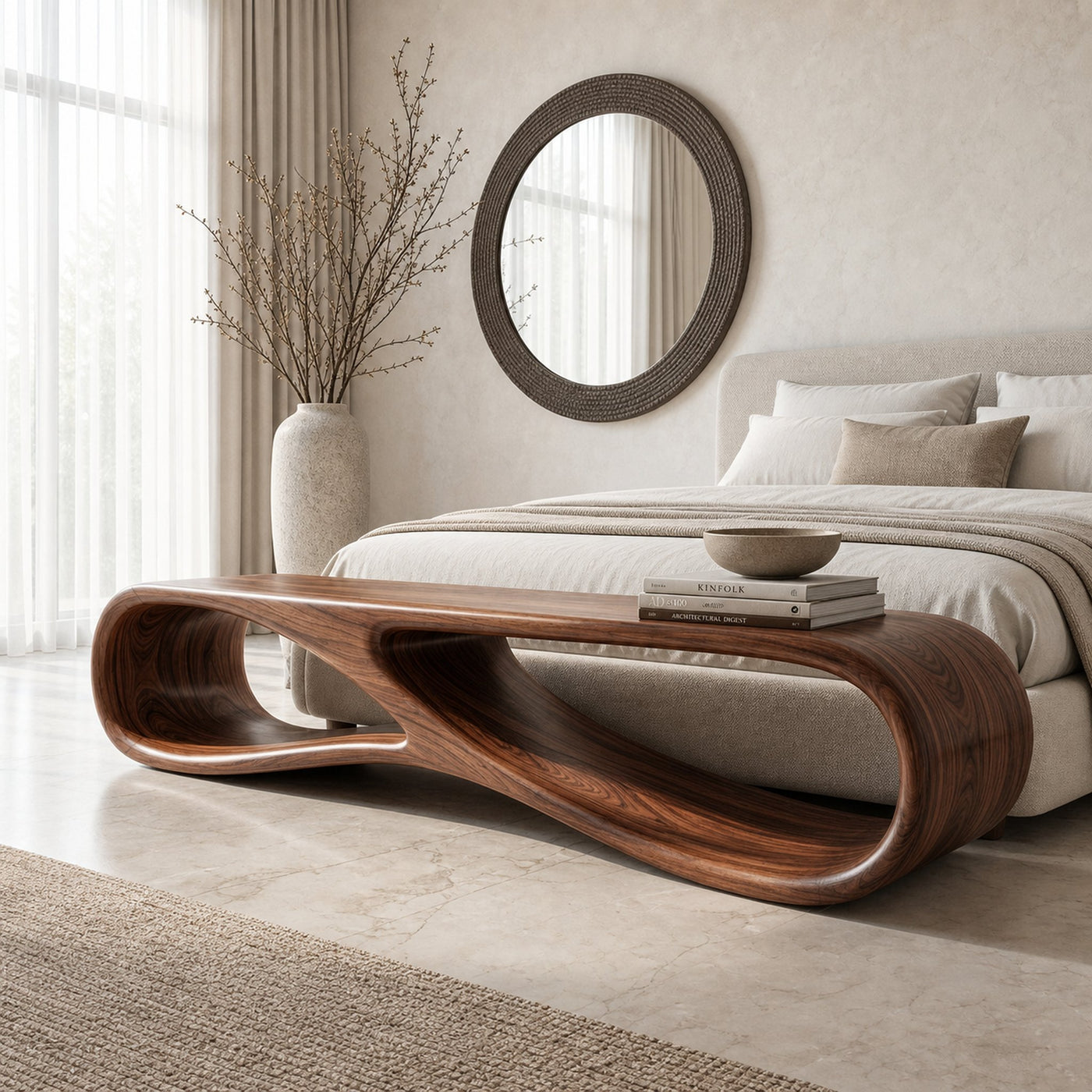 Modern Wood Bench With Sculptural Form For Entryway - product view 7