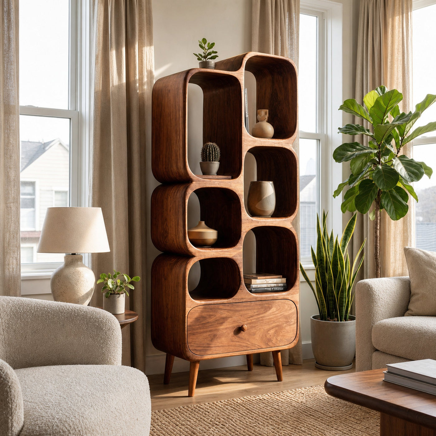 Modern Wood Bookshelf With Open Compartments For Living Decor