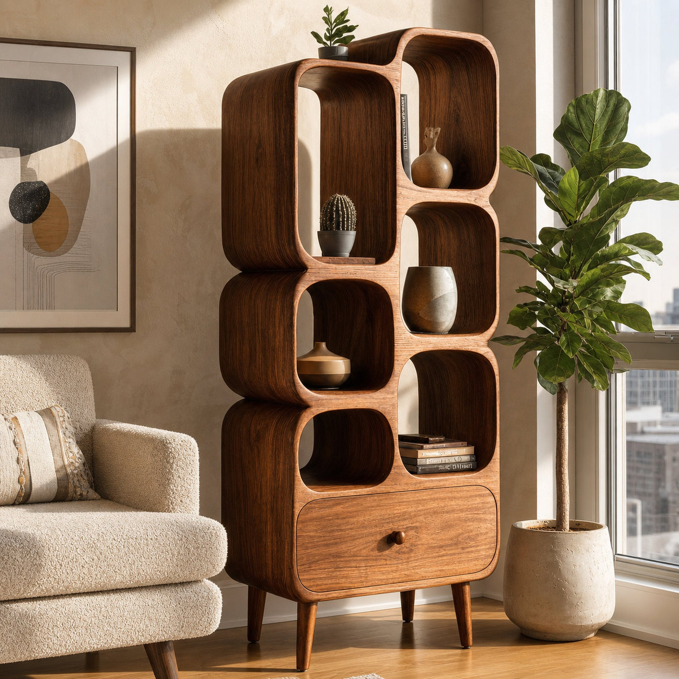 Modern Wood Bookshelf With Open Compartments For Living Decor - product view 6
