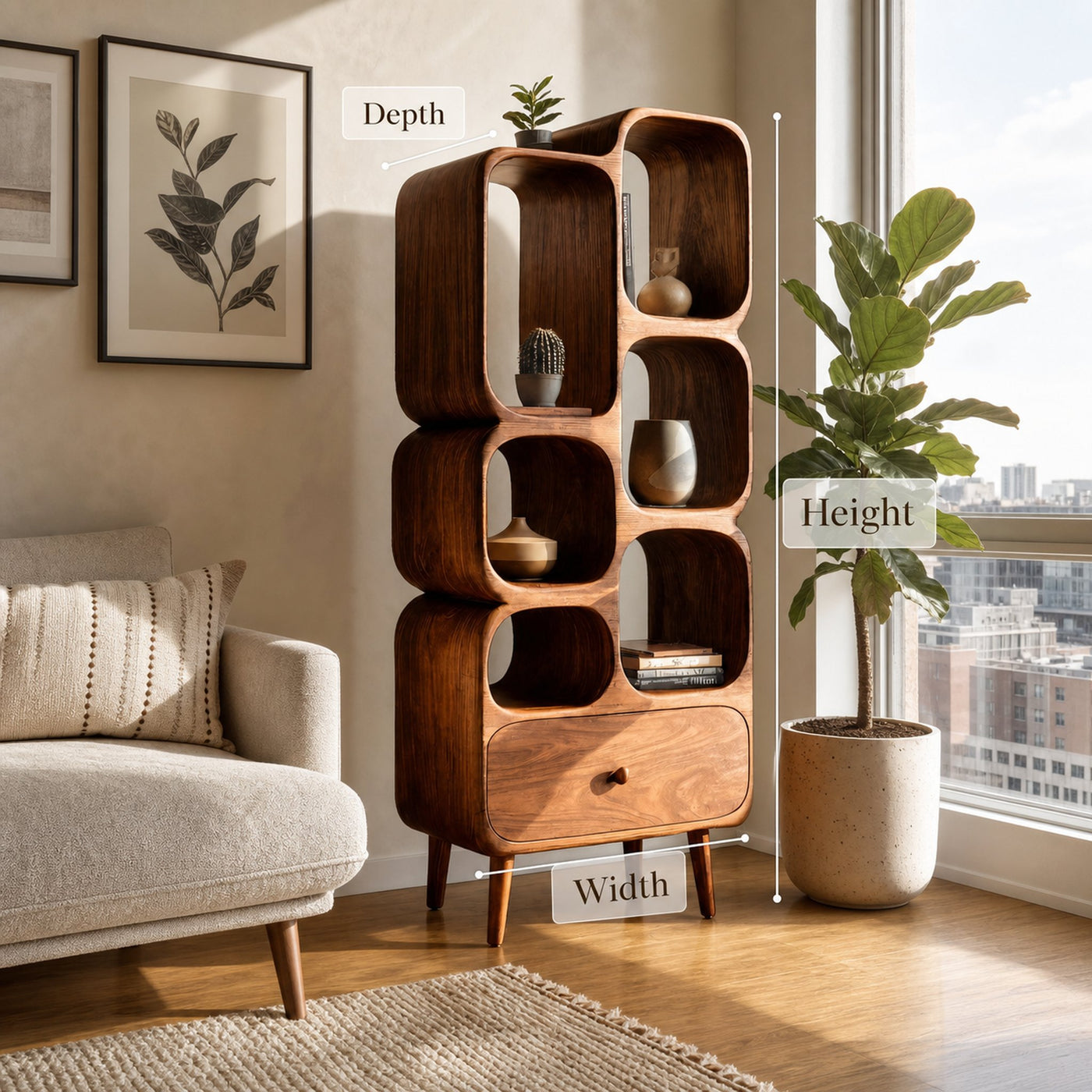 Modern Wood Bookshelf With Open Compartments For Living Decor - product view 7