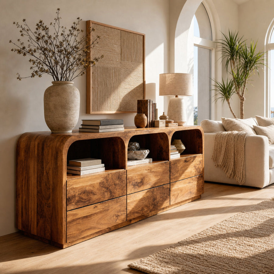 Modern Wood Sideboard With Curved Corners For Living Room