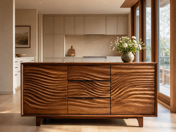Modern Wood Sideboard With Wave Carving For Minimalist Home