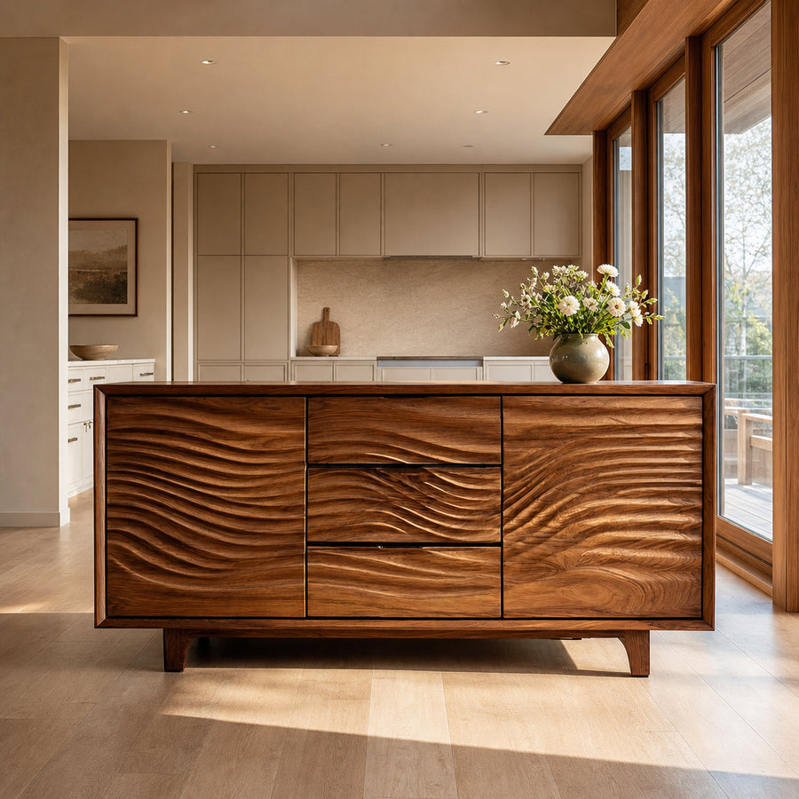 Modern Wood Sideboard With Wave Carving For Minimalist Home