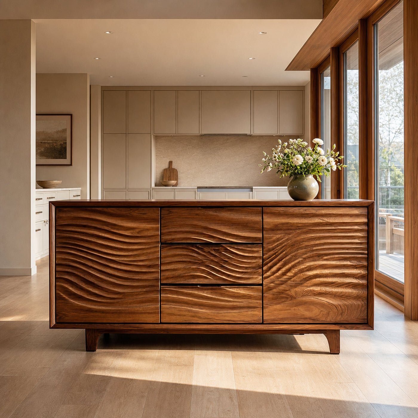 Modern Wood Sideboard With Wave Carving For Minimalist Home