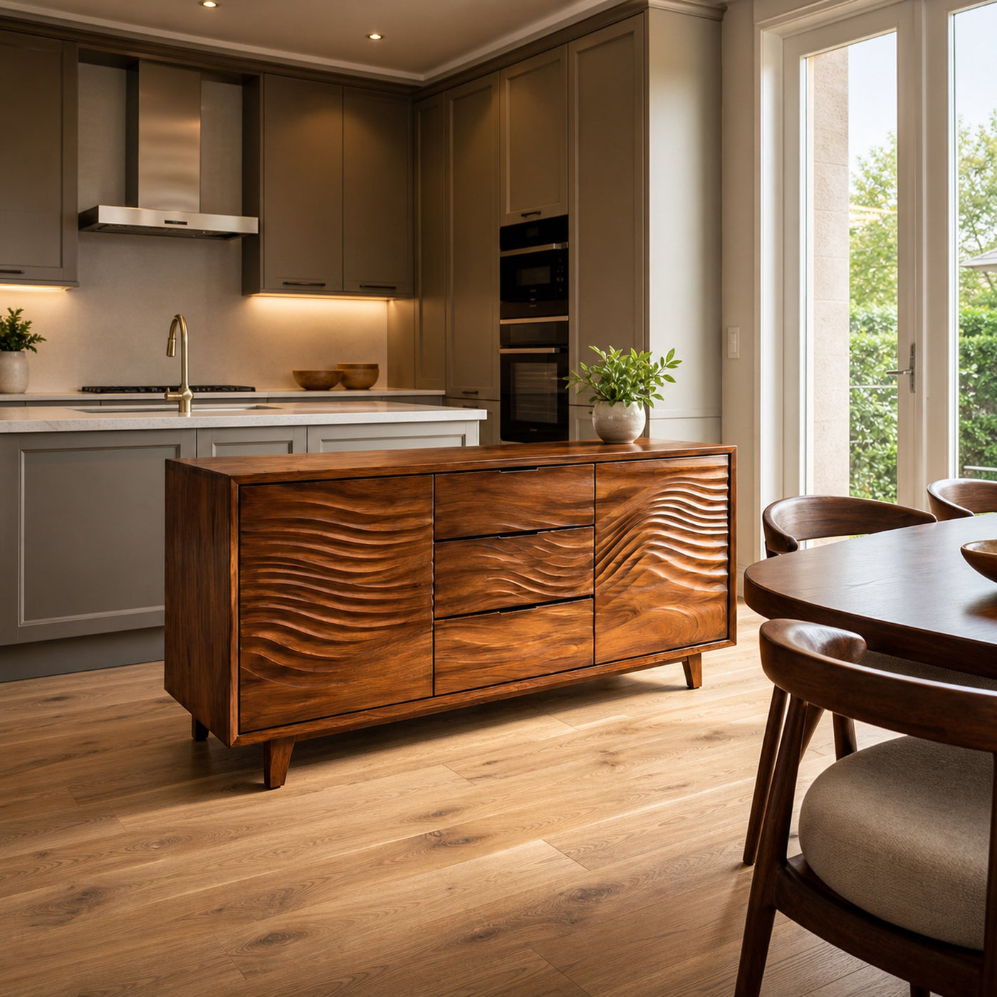 Modern Wood Sideboard With Wave Carving For Minimalist Home - product view 7