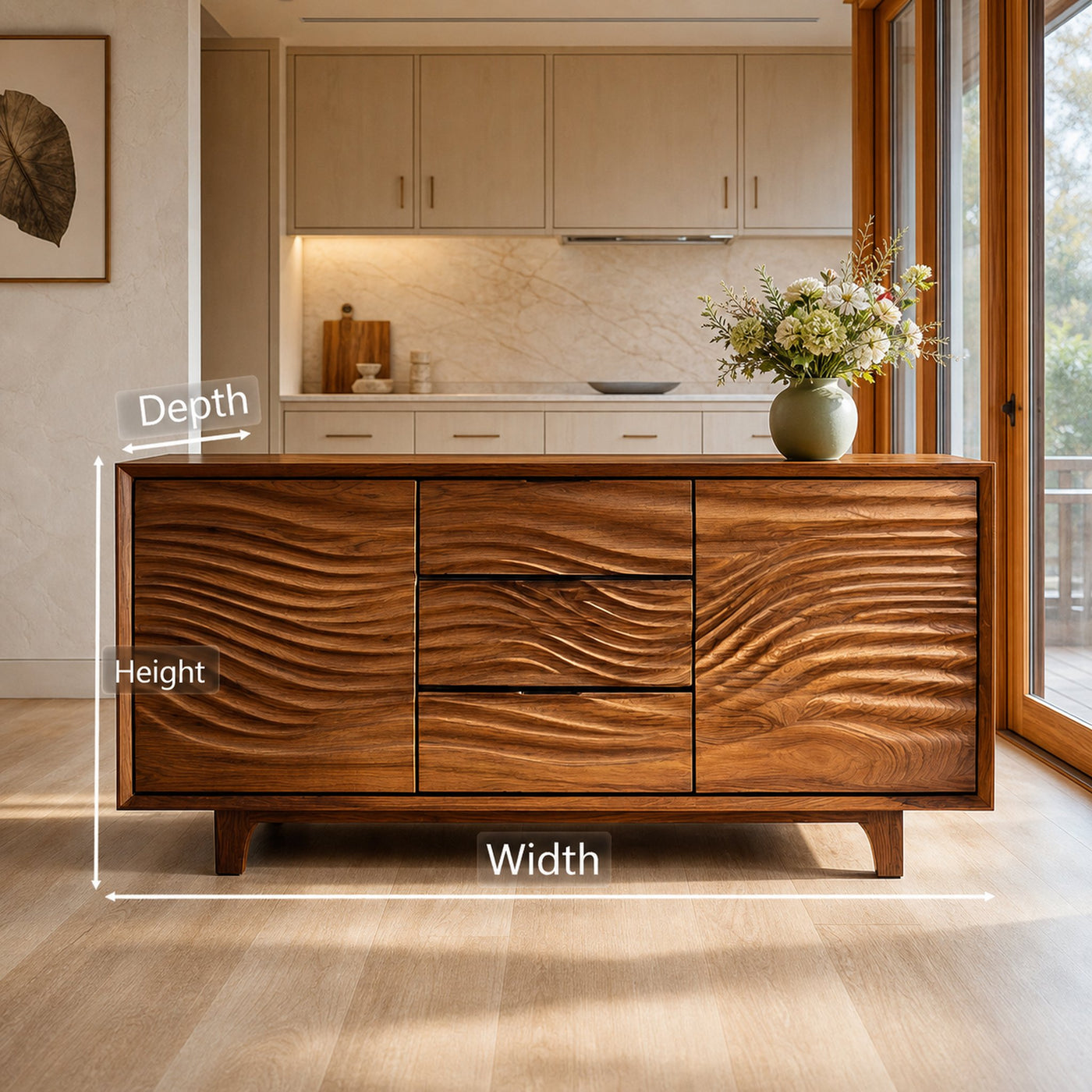 Modern Wood Sideboard With Wave Carving For Minimalist Home - product view 8