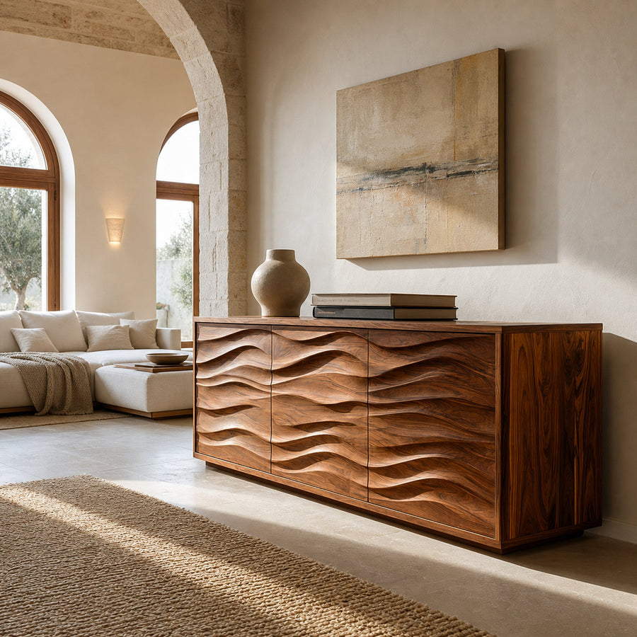 Modern Wood Sideboard With Wave Doors For Home Decor