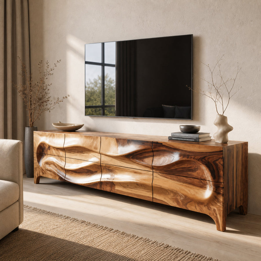 Modern Wood TV Cabinet With Carved Front For Living Interior