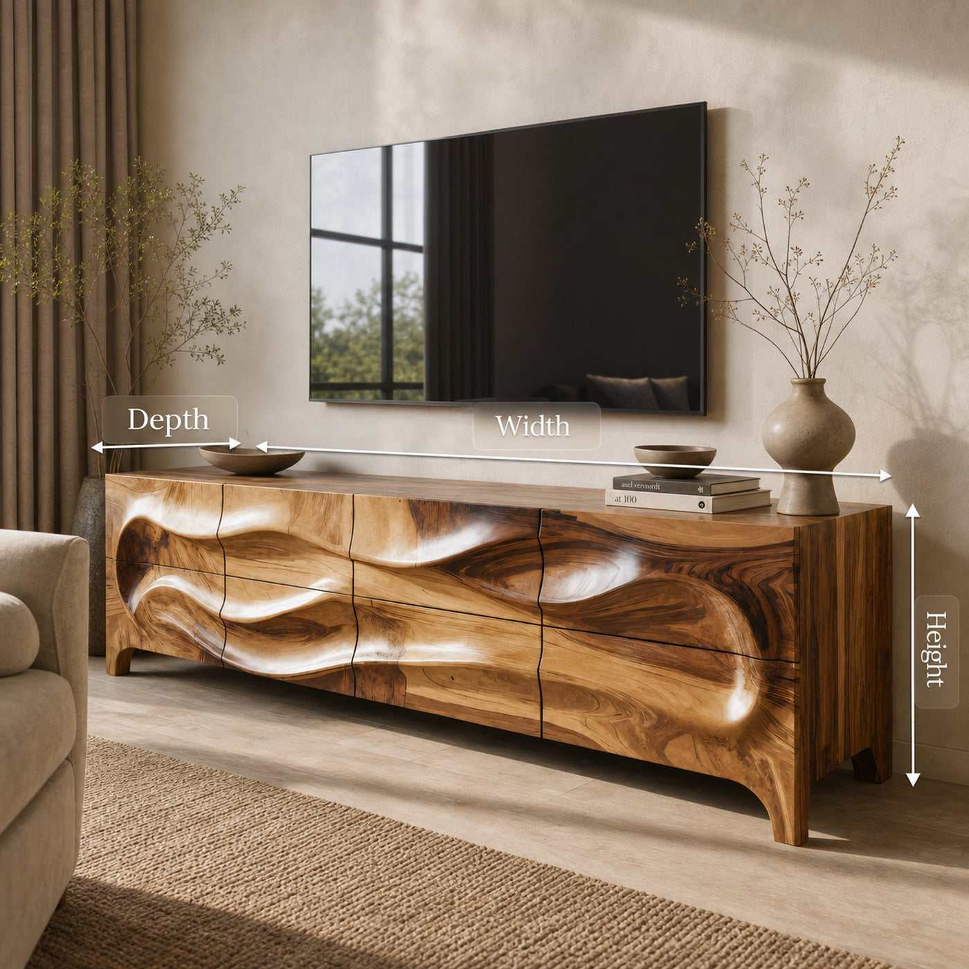 Modern Wood TV Cabinet With Carved Front For Living Interior - product view 8