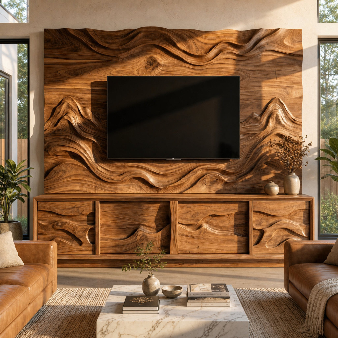 Modern Wood TV Cabinet With Sculptural Feature Wall Living Room