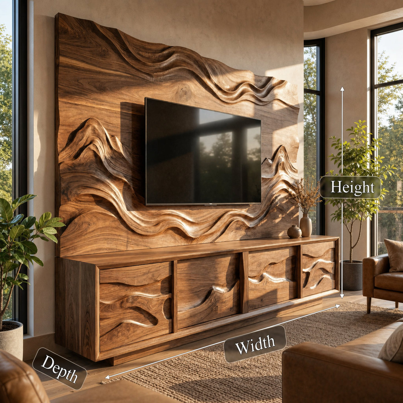 Modern Wood TV Cabinet With Sculptural Feature Wall Living Room - product view 6