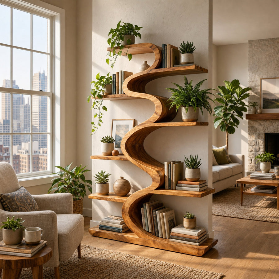 Modern Wooden Bookshelf Flowing Form For Living Room