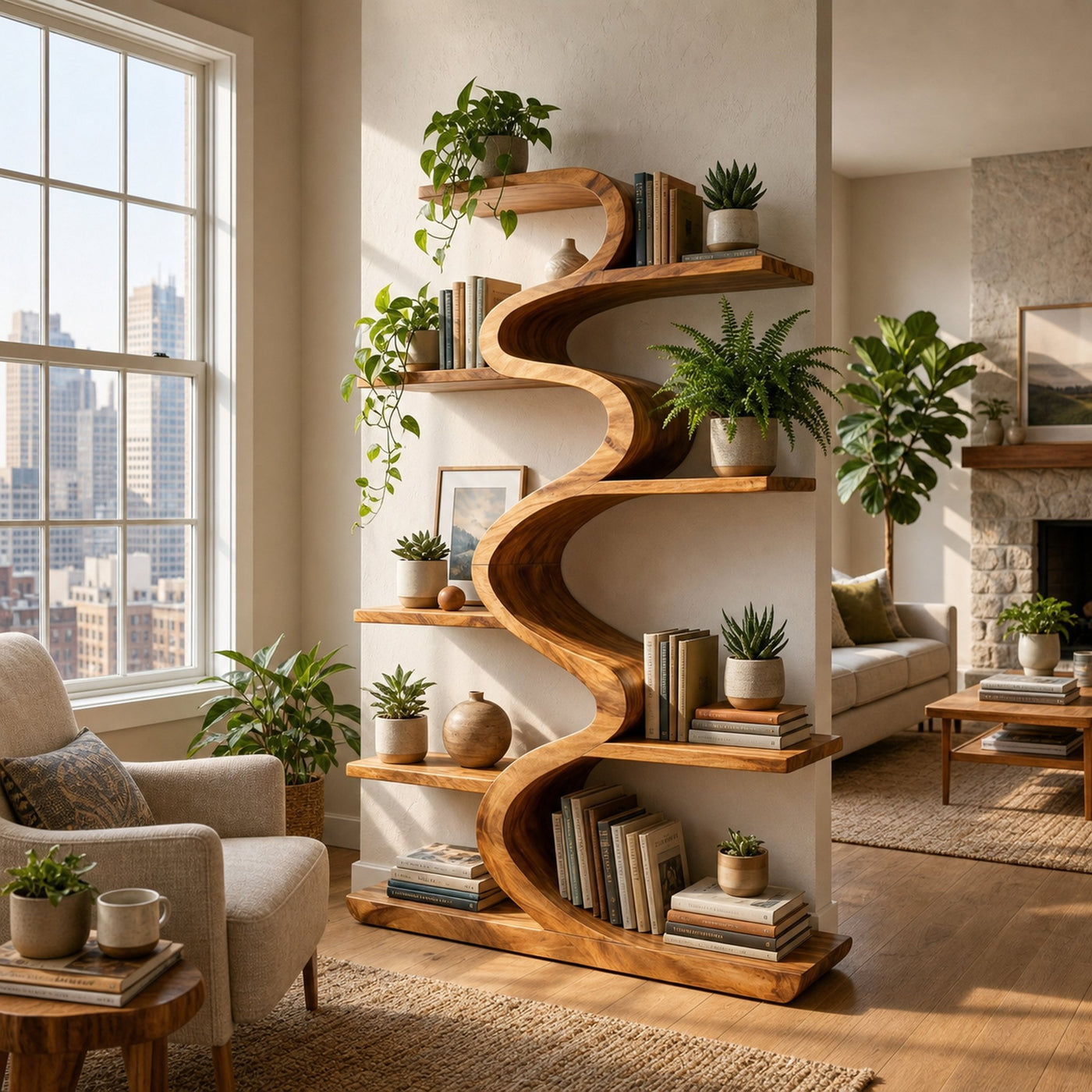 Modern Wooden Bookshelf Flowing Form For Living Room